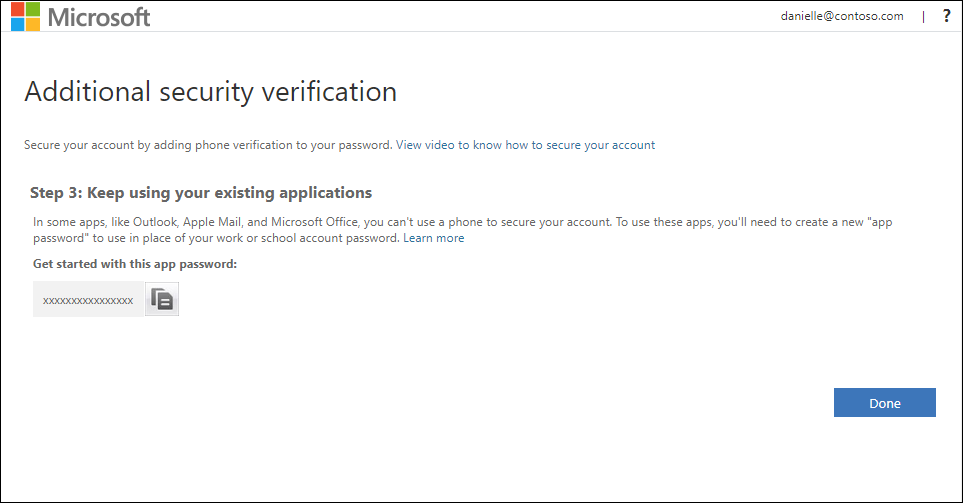 App passwords area of the Additional security verification page